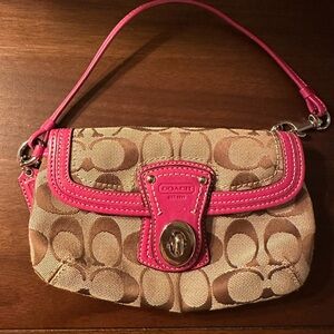 Coach Signature Wristlet/ Clutch Khaki Canvas with Pink Leather Trim